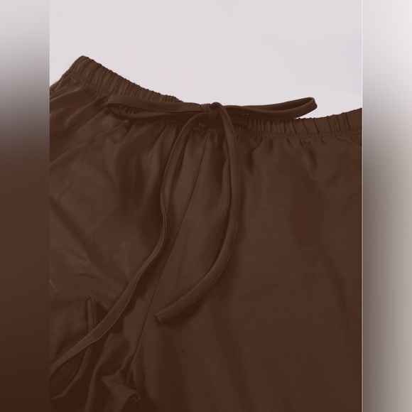 Chic Brown Loungewear Set Rushed Top + Wide Leg Pants with Pockets New Boutique - Picture 4 of 4